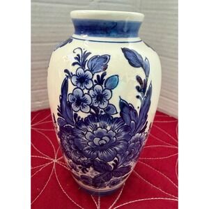 Delfts Hand Decorated Blue and White Floral Ceramic Vase Made in Holland #459